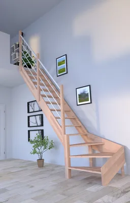 Produktbild von Holztreppe Rhodos in 1/4 gewendelter Ausführung links-Buche-Holz-Edelstahl Geländer weiß-links-ohne Setzstufen