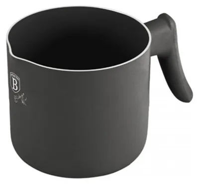 A black pot with a handle on a white background.