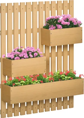 Image de Outsunny Jardiniššre murale potager avec 3 bacs en bois massif amovibles, tissu non tissšŠ, 60 x 16 x 80 cm, naturel