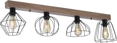 A linear ceiling light fixture with a wooden beam and four black metal cage-style lampshades, each holding an Edison-style bulb.
