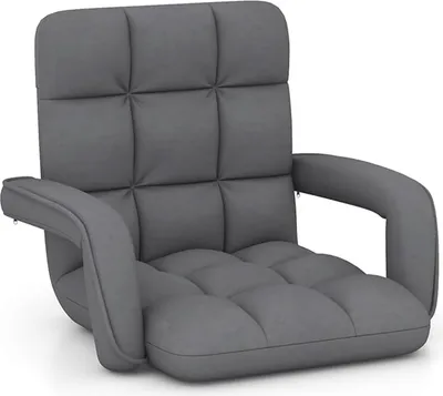 Zdjęcie produktu dla Regulowana sofa podłogowa, tapicerowane krzesło podłogowe z 6-stopniową regulacją oparcia i podłokietników oraz metalową ramą, przenośne krzesło do medytacji, szare