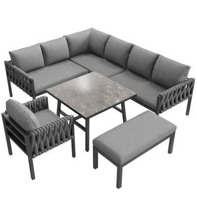 Produktbild von Flieks Gartenloungeset Gartenmöbel Set 6-tlg., Terassenmöbel Balkonmöbelset für 8-9 Personen, Doppelsofa Ecksofa mit Gartentisch und Kissen, Grau