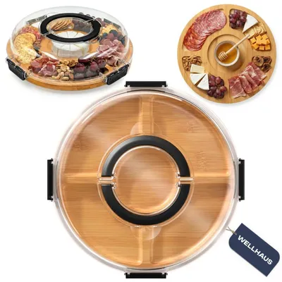 Immagine prodotto di Tagliere in bambù rotondo con coperchio, ideale per antipasti e snack