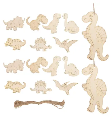 Produktbild von 16 Holzfiguren mit Dinosauriermotiven – Glatte Holzrohlinge für Bastelarbeiten und kreative Spielzeuggestaltung im Kinderzimmer