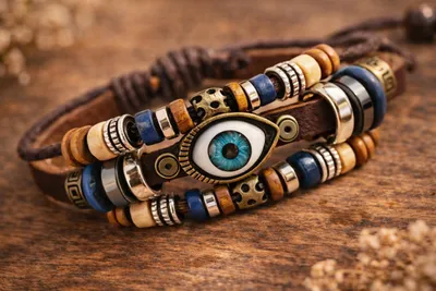 Produktbild von Herren Armband Böser Blick, Damen Boho Armband verstellbare Länge, mehrreihig, Armband für Herren für Jungen für Damen, in Geschenkverpackung, J0700