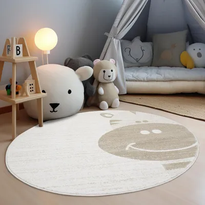 Produktbild von Kinderteppich Creme, Beige - 120x120 cm Rund - Tier-Motiv Giraffe - Kinderzimmerteppiche