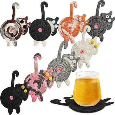 Produktbild von Kreativkätzentassen - Geschenke für Katzenliebhaber, gehäkelt, kreative gehäkelte Tassen für Kaffee und Tee, unterhaltsame Trinkisolierung, Tischschutz und Geschenkideen (6 Stücke)