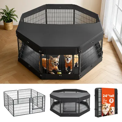 Productafbeelding van SucceBuy metalen puppyren, 61 cm, 8-delig met deksel en bodemmat, veelzijdig ren voor kleine honden, katten en andere kleine dieren, opvouwbaar en flexibel inzetbaar in verschillende vormen