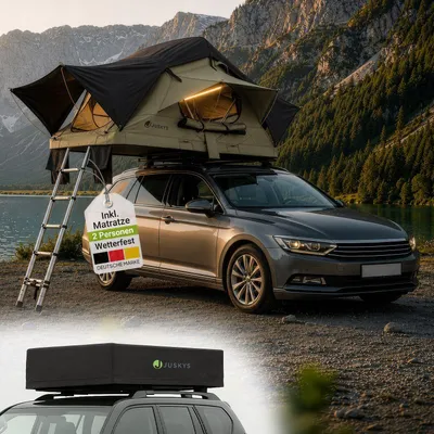 Produktbild von Juskys Autodachzelt Lago 120 x 210 cm - Wetterbeständig mit Leiter - Schwarz / Khaki