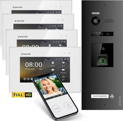 Produktbild von HD Video Türsprechanlage mit Fingerprint RFID und Smartphone App für 1 Familienhaus, 4x Monitore, Balter EVO HD Fingerprint