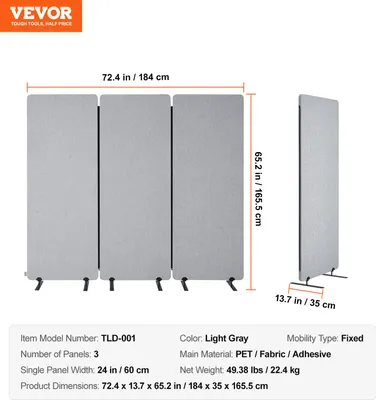 Obrázek produktu pro VEVOR zástěna pro rozdělení místností 3 panely 1840 x 350 x 1655 mm, skládací zástěna a přenosná přepážka z polyesteru PET pro rozdělení místností