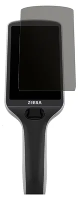 A screen protector is shown being applied to a Zebra handheld device.