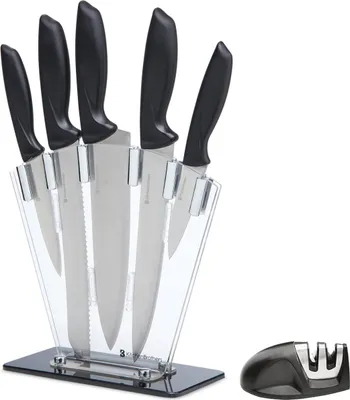 Produktbild von KitchenBrothers Messerset - Messerblock - 7-teilig - mit Messerschärfer - Edelstahl/Schwarz