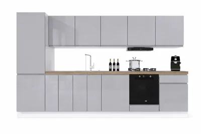Produktbild von Kücheninsel 360 cm Küchenblock ohne Arbeitsplatte Einbauküche Ohne E-Geräten , Aspen KA21-M360, Grau/Hochglanz
