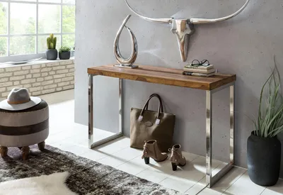 Produktbild von WOHNLING Konsolentisch Massivholz Sheesham Konsole mit Metallbeinen Schreibtisch 120x45 cm Landhaus-Stil Sideboard Modern Massiv Echt-holz Natur