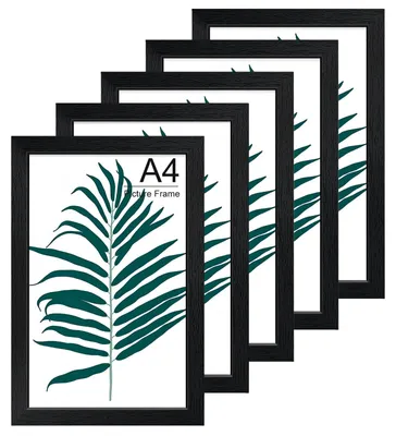 Produktbild von Set mit 5 schwarzen Holz-Fotolisten im Format A4 – mit Wand- und Tischaufsteller