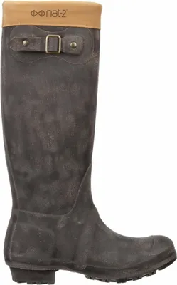 Produktbild von Damen Gummistiefel 100% wasserdicht Grau/Anthrazit kniehoch mit beigem Oberrand und Schnallen-Detail
