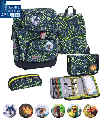 Produktbild von Belmil Premium ergonomischer Schulranzen Set 5 -teilig für Jungen Für kleine Kinder, Erstklässler mit Patch Set/Brustgurt, Hüftgurt/Magnetverschluss/Grün, Grau (405-73/P/S Iguana)