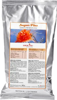 A silver foil bag of Saracino Sugarplus isomalt for decorations.
