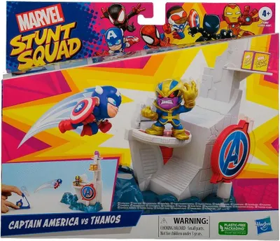 The image shows the packaging for a Hasbro Stunt Squad Captain America vs Thanos toy set. The packaging features colorful graphics and illustrations of the characters and the playset.