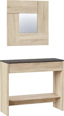 Produktbild von Möbel für den Eingangsbereich Ddrag, Flur mit Spiegel, Schrank mit Schublade und Regal für den Eingang, Moderne Garderobe im Eingangsbereich, 92x33h149 cm, Eiche und Nussbaum