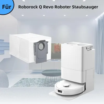 A white robot vacuum cleaner and its dust bag accessory are displayed in a modern living room setting.