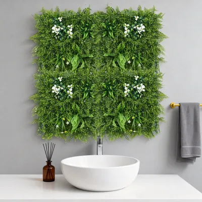 Zdjęcie produktu dla Sztuczne panele żywopłotu z bukszpanu 50x50 cm – odporne na promieniowanie UV, realistyczna zielona ściana do wnętrz i na zewnątrz – zestaw 4 sztuk