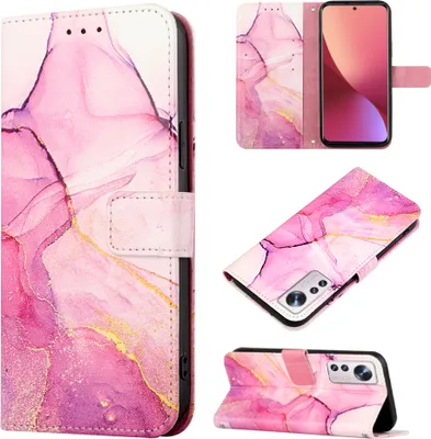 Produktbild von Xiaomi 12 Pro Hülle, Marmor Motiv Kunstleder Tasche Wallet Kartenfächer mit Standfunktion Klapp Schutzhülle für Xiaomi 12 Pro Rosa