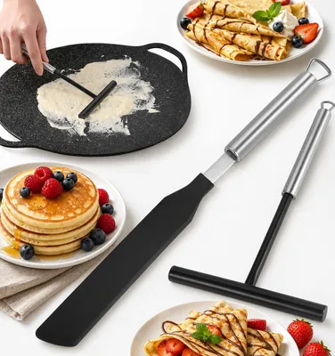 Produktbild von OKWISH Pfannenwender, Edelstahl & Silikon Teigschaber Set, 2-teilig, Spatel & Pfannkuchenwender für Crêpes, Pfannkuchen & Backen – Robust & Praktisch
