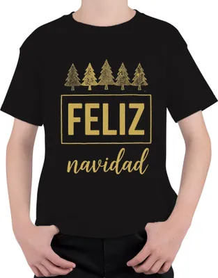 Produktbild von FELIZ navidad Weihnachten Weihnachtsbaum Gold Glitzer Geschenk Uni Kinder T-Shirt, Schwarz, 152