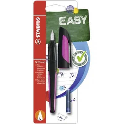 Immagine prodotto di Penna per la scuola con pennino per mancini L - STABILO EASYbuddy in nero/magenta - Colore di scrittura blu (cancellabile) - Penna singola - Cartuccia inclusa