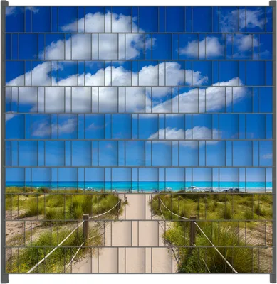 Produktbild von Wallario Zaunsichtschutz mit Motiv Sandweg zum blauen Meer mit blauem Himmel für Ein- und Doppelstabmatten Zäune in der Größe 200 x 200 cm