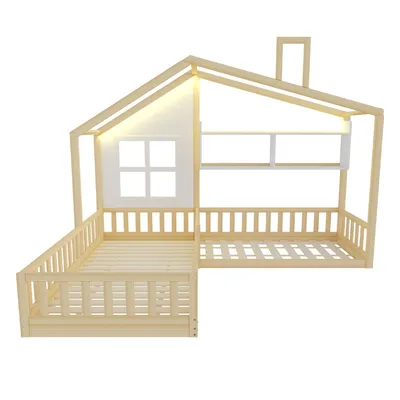 Produktbild von Flieks Kinderbett Hausbett 90x200cm / 140x70cm mit Fenster, Kinderbett Bodenbett mit Tür, Holzbett Einzelbett Doppelbett 2 Kinder, Naturbelassen