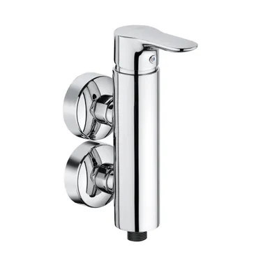 A chrome faucet with two wall mounts against a white background.