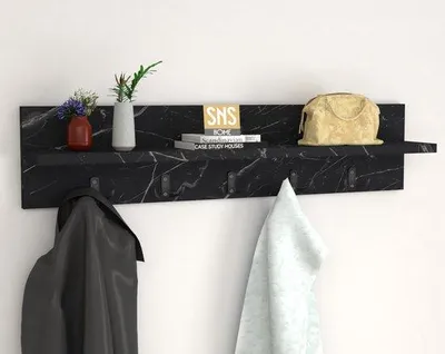 Immagine prodotto di Appendiabiti da parete Bofigo con ripiano, 10 ganci, effetto legno, marmo nero, 80 cm