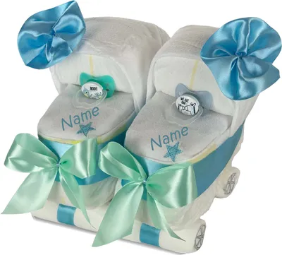Produktbild von Windeltorte Zwillingskinderwagen blau/blau