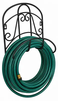 Image de Support de tuyau de jardin en fonte, dimensions 30 x 37 cm, couleur noire. Support mural pour tuyau de jardin, décoration pour jardin, terrasse, garage, atelier, remise