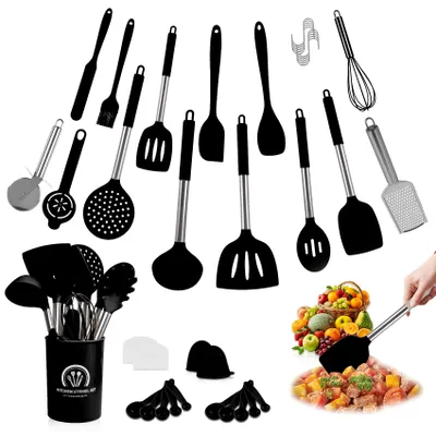Produktbild von 45 Stück Küchenhelfer Set aus Silikon, Spülmaschinenfest, Kochutensilien Set mit Utensilienhalter, Antihaft Hitzebeständiger Küchenset (Schwarz)