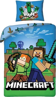 A Minecraft-themed duvet cover and pillowcase set featuring characters and elements from the game.