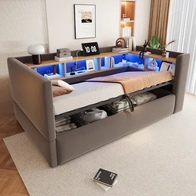 Produktbild von STILVORA Polsterbett 90x190 cm mit hydraulischem Stauraum,Einzelbett mit LED-Leuchten und Steckdosen,Schlafsofa mit Ablagefächern, Multifunktionsbett
