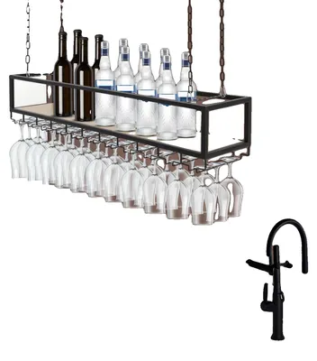 Obrázek produktu pro Stropní regál na víno, nelakovaná deska, železo, 110 × 25 × 22 cm, nosnost 75 kg, držáky na sklenice pro sklenice o průměru 4–9 cm