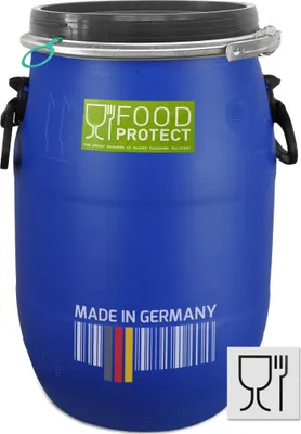 A blue plastic barrel with a lid and handles, set against a white background.