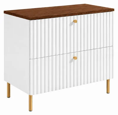 Imagen del producto de Mueble de baño de pie con encimera de 80 cm, blanco, y encimera de roble nogal, tiradores en tres colores, patas doradas, dimensiones: 80 x 44,4 x 73,6 cm, Imagen generada por IA