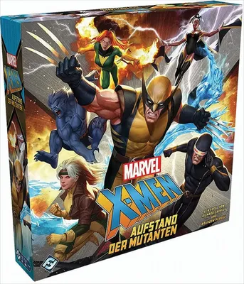 The image shows the front and side panel of a board game box featuring the Marvel X-Men characters.