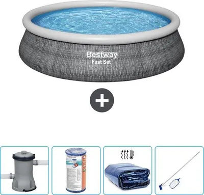 Imagen del producto de Piscina redonda de ratán: 457 x 84 cm. Incluye bomba, filtro, sombrilla y kit de limpieza