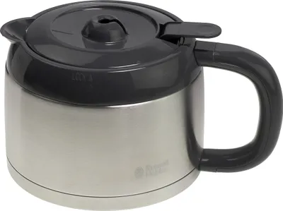 A thermal coffee carafe with a black lid and handle.