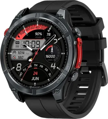 A close-up studio shot of a black Zeblaze Stratos 4 smartwatch.