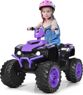 Zdjęcie produktu dla Elektryczny quad dziecięcy COSTWAY 12V z reflektorem, mini quad elektryczny z muzyką i klaksonem, 4-kołowy quad dziecięcy 2,8-5 km/h, motocykl dziecięcy, samochód dziecięcy, samochód elektryczny dla dzieci od 3 lat (fioletowy)