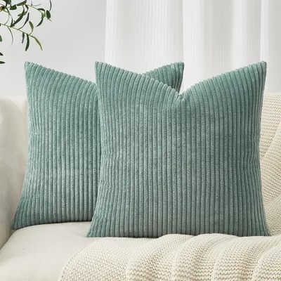 Immagine prodotto di Coperte per cuscini 50x50 cm, verde chiaro, tessuto corduroy a righe, set da 2