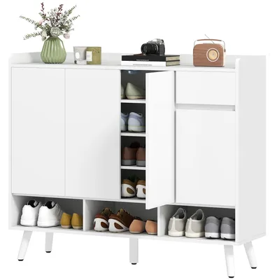 Image de 4 portes, armoire à chaussures sans poignées, commode à chaussures avec tiroir, blanc | 5 pieds en bois | 4 étagères réglables | 120 x 35 x 100 cm
